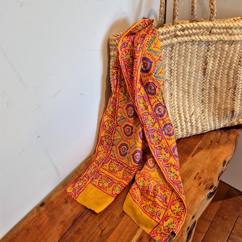 Vibrant Yellow and Pink Paysley Silk Handpainted Patterned Scarf - Picture 10 of 10